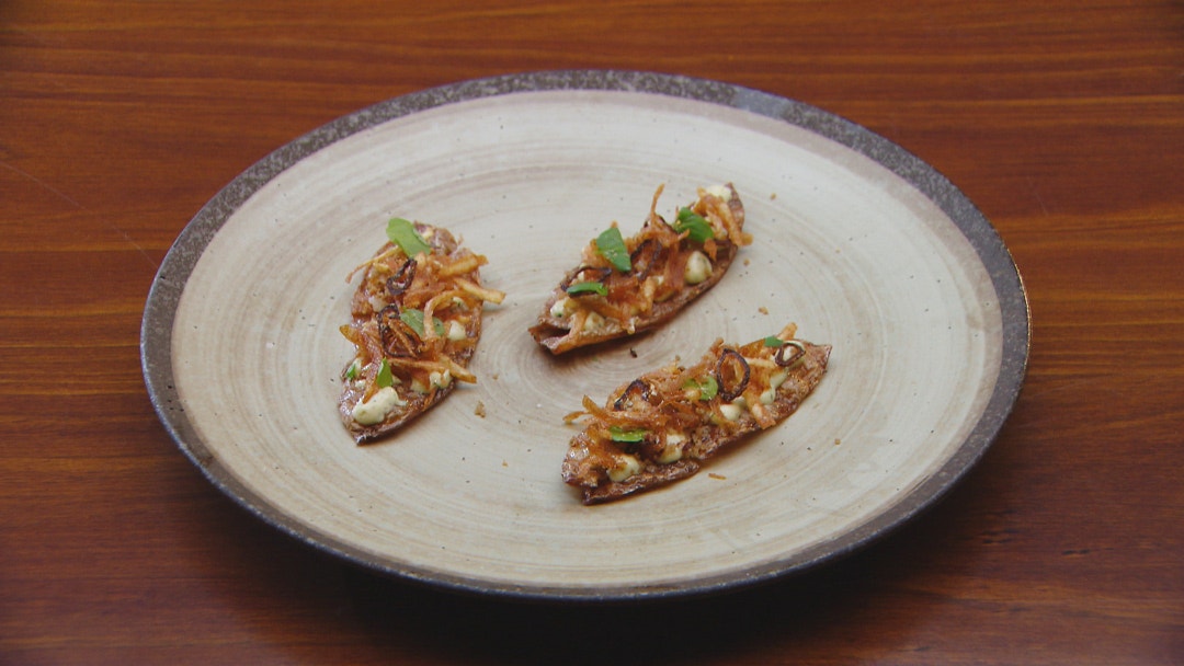 Potato Skins With Chicken Skin and Fried Shallot