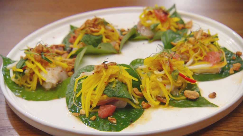 Kingfish Betel Leaves with Ginger Nam Jim Sauce