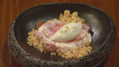 Vanilla Cardamom Ice Cream, Smoked Rhubarb Ice Cream with Bay Leaf and a Bitter Dark Chocolate Mousse with a Salted Crumb