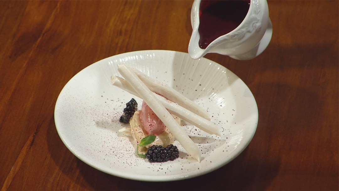 Beetroot Anise Ice Cream, Tamarind Ice Cream, Meringue and Blackberries