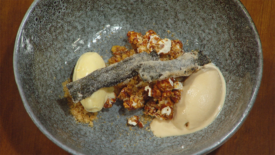 Sweet Corn Ice Cream, Miso Ice Cream with Miso Caramel Popcorn, Candied Nori, Sesame Praline Dust