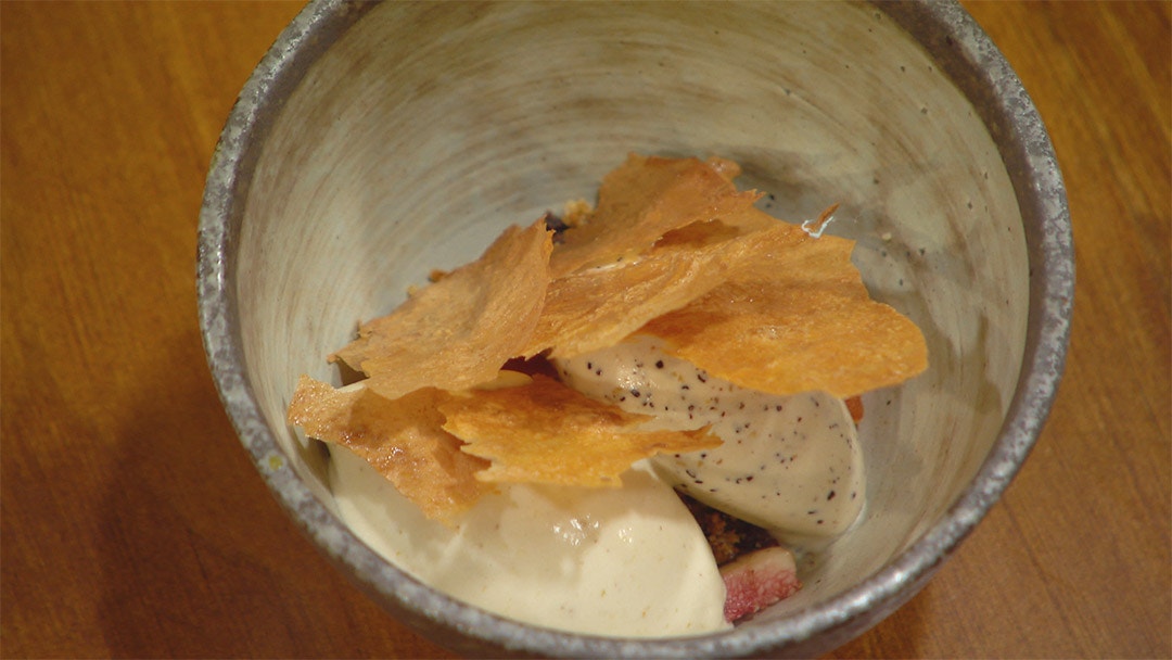 Roasted Fig & Wattleseed Ice Cream, Honey Milk Skins and Prickly Pear Jelly