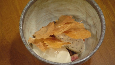 Roasted Fig & Wattleseed Ice Cream, Honey Milk Skins and Prickly Pear Jelly