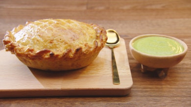 Coq Au Vin Pie with Smoked Cheddar Crust, Pea and Mint Sauce