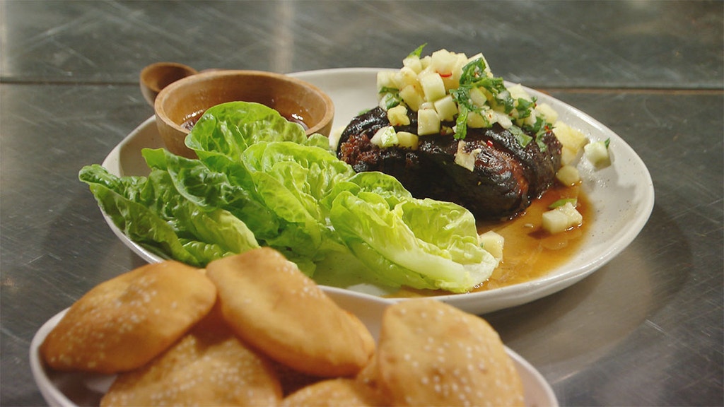 Sticky Tamarind Pork Hock with Pineapple Apple Salsa and Banh Tieu