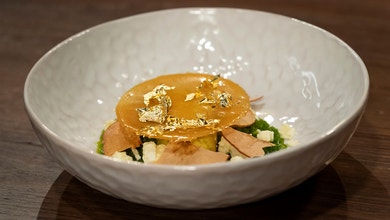 Golden Beetroot Ice Cream with Granita, Mousse and Golden Praline