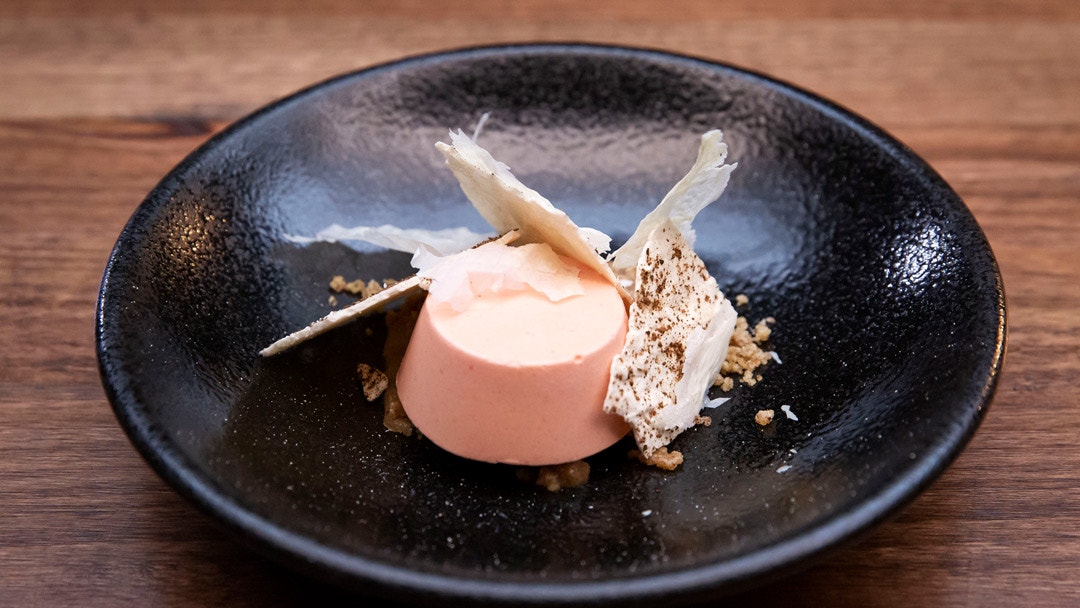 Frozen Prickly Pear Mousse with Hazelnut Beef Fat Praline