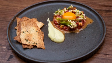 Beef Tartare with Smoked Caulini, Parsnip Puree and Lavosh