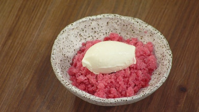 Smoked Yoghurt Sorbet with Rhubarb and Cinnamon Myrtle Granita