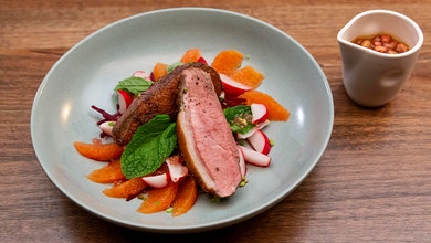 Sichuan Pepper Crusted Duck with Pickled Radish, Beetroot, Mint and Riberries