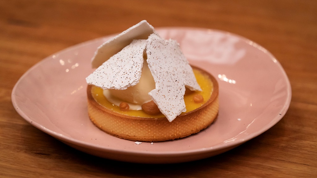 Baked Gin Tart with Quince Puree, Ginger Ice Cream and Juniper Meringue