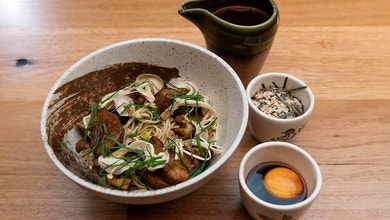 Mushroom and Bonito Broth with Buckwheat Noodles and Pancetta Furikake