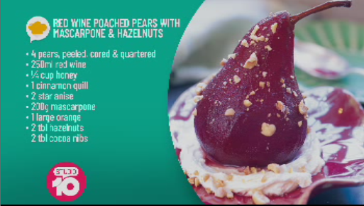 Red Wine Poached Pears With Mascarpone And Hazelnuts