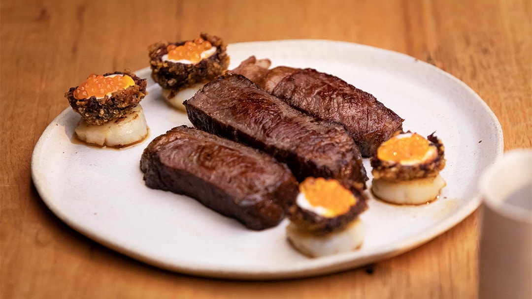 Steak with Carnivore Scotch Eggs and Scallops