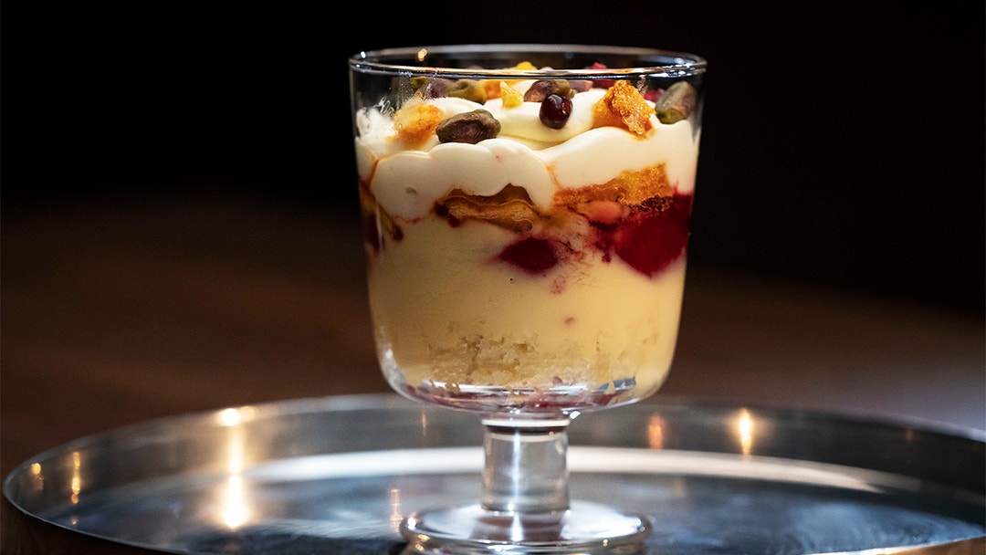 Honey Trifle with Pomegranate Poached Pears and Honeycomb