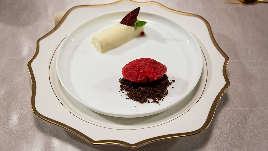 Vanilla Bean Panna Cotta with Raspberry & Pomegranate Sorbet and Chocolate Soil