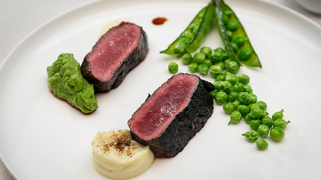 Charcoal Crusted Lamb with Pea Puree, Cauliflower & Leek Puree and Black Garlic Puree