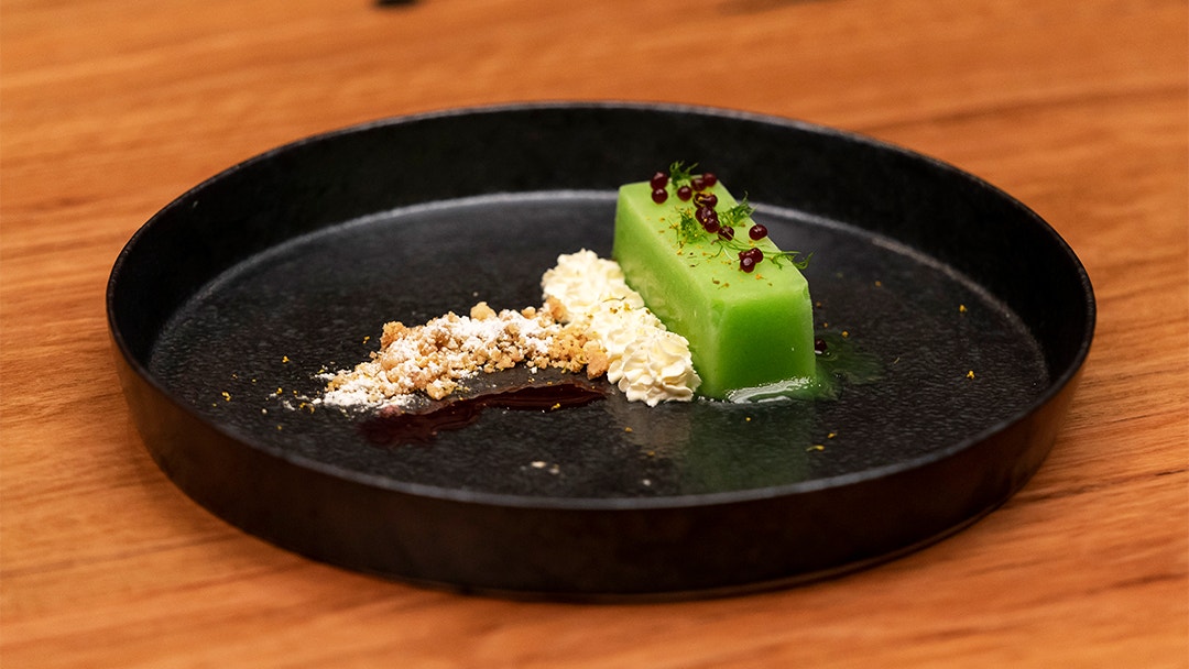 Fennel and Apple Sorbet with Almond Crumb, Fennel Sherbet and Blackberry Pearls