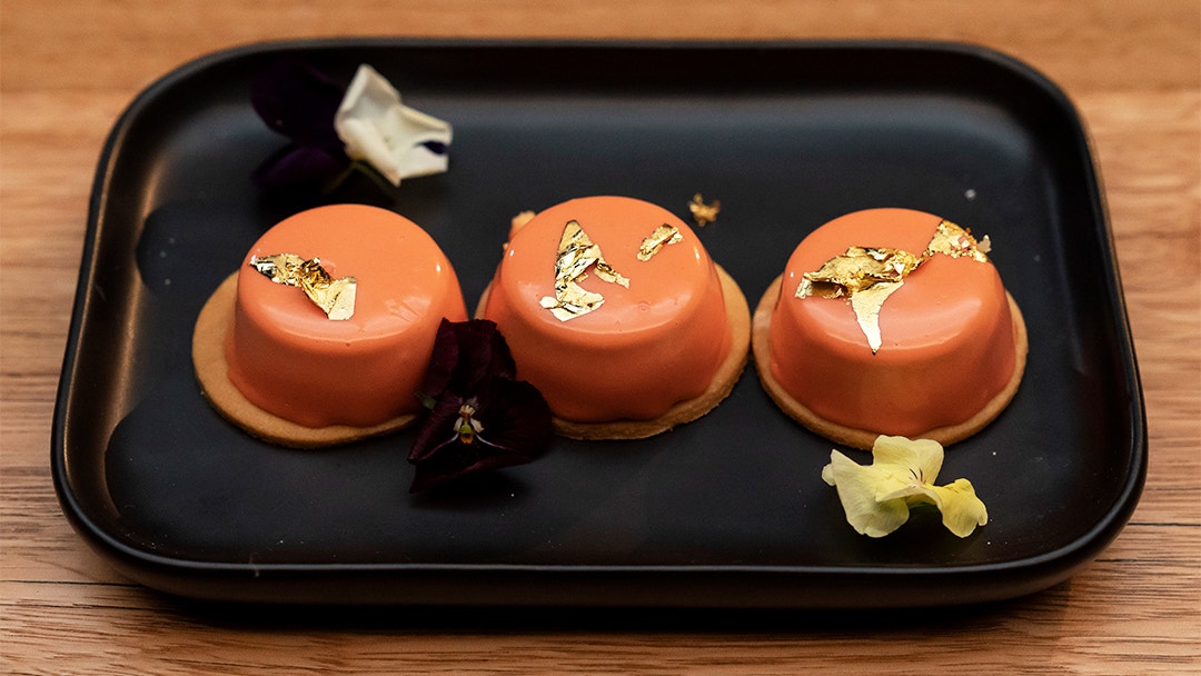 Mirror Glazed Carrot Mousse with Carrot Jelly and Biscuit