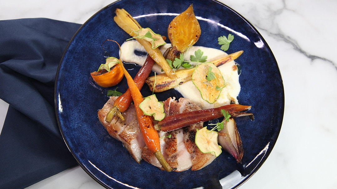 Sous Vide Pork Cutlets with Cauliflower Puree, Baby Vegetables and Apple Chips