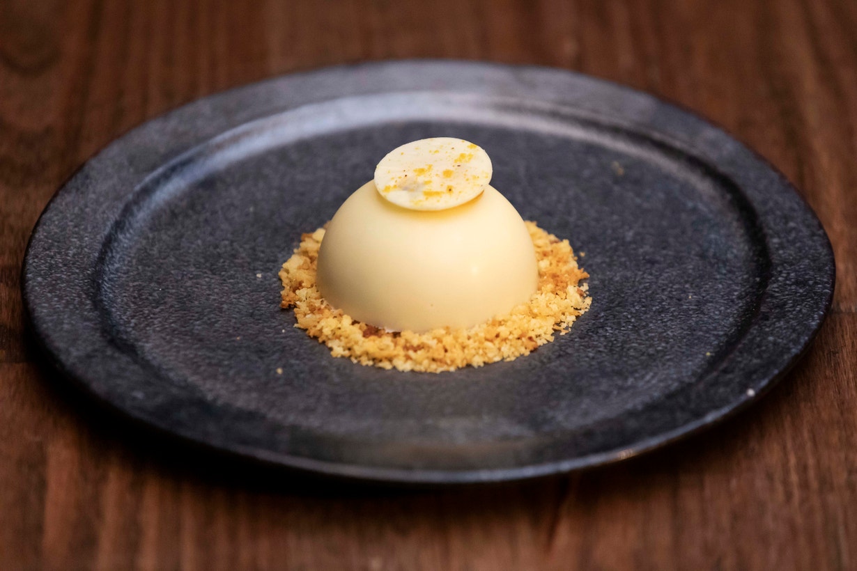 White Chocolate Dome with White Chocolate and Passionfruit Mousse