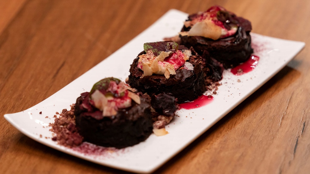 Beetroot and Chocolate Brownie with Candied Beetroot and French Whipped Cream