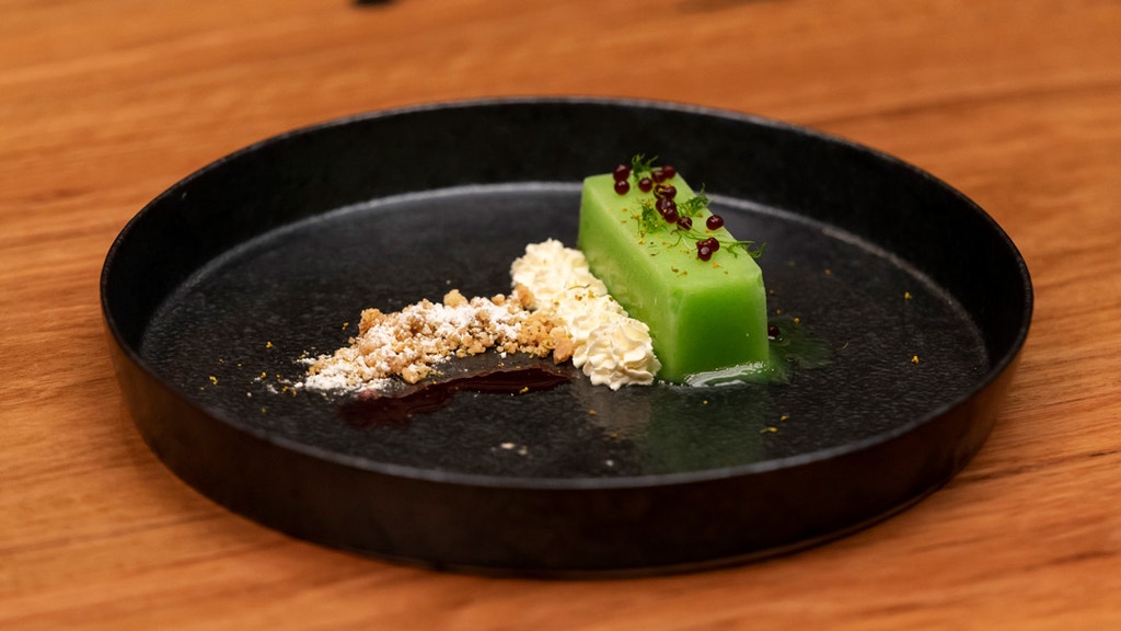 Fennel and Green Apple Sorbet with Almond Crumb, Crème Fraiche Cream, Fennel Sherbet, Blackberry Coulis and Pearls