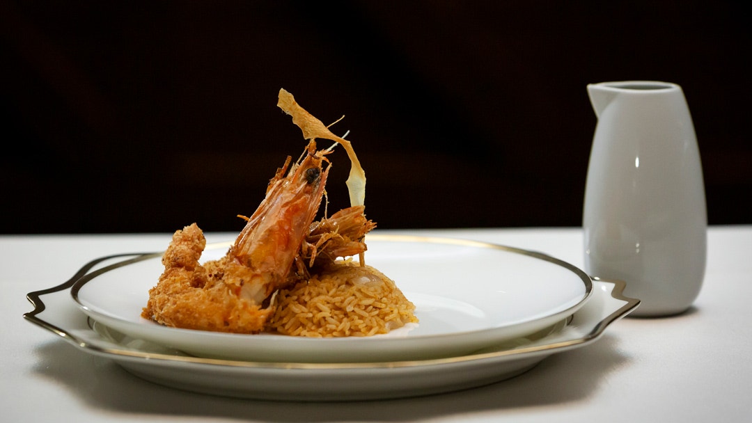 Fried Shrimp with Spicy Rice, Fried Parsnip and Creamy Garlic Ginger Sauce