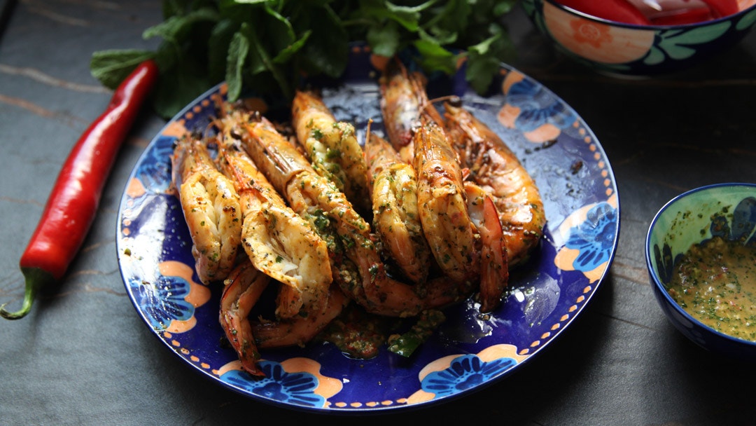 Grilled King Prawns with Vietnamese salsa verde