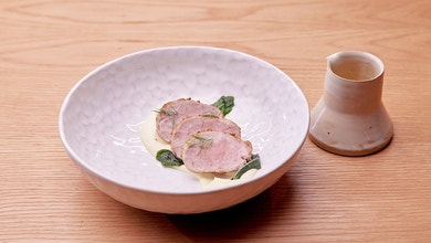 Pork Tenderloin, Cauliflower Puree and Rosemary Apple Jus