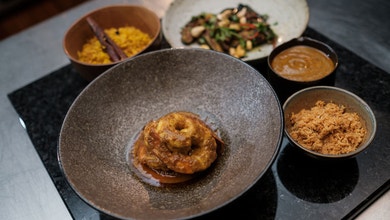 Sri Lankan King Prawn Curry, Tamarind Eggplant with Cashews, Saffron Rice and Coconut Sambal