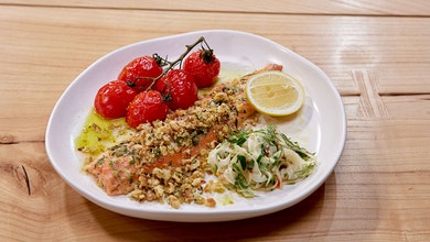 Walnut Pangratatto Trout, Roasted Tomatoes And Fennel Salad