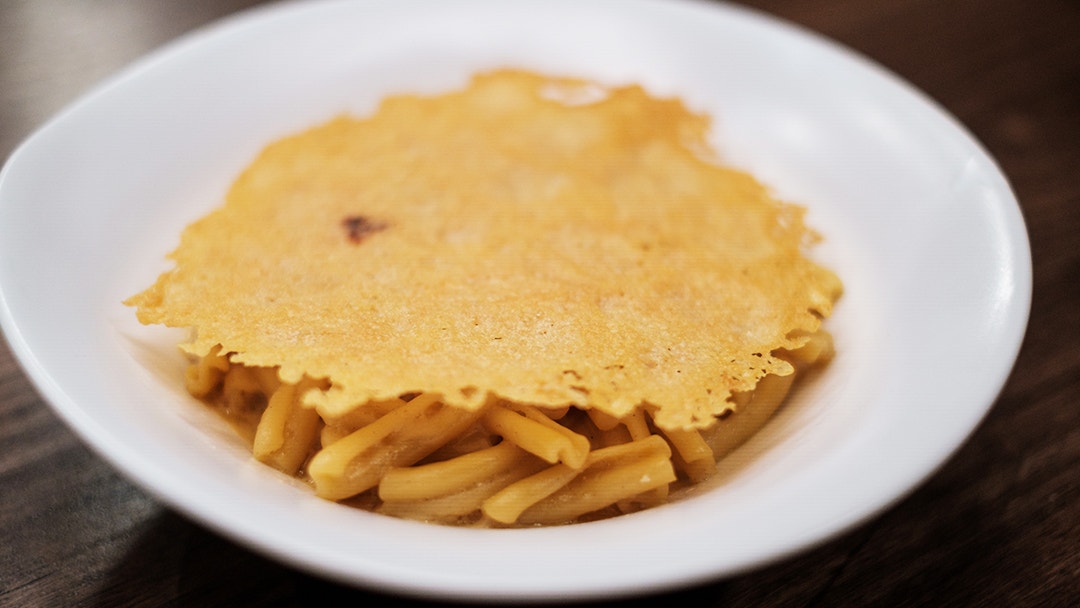 Porky Mac & Cheese with Porky Cream, Parmesan Crisp