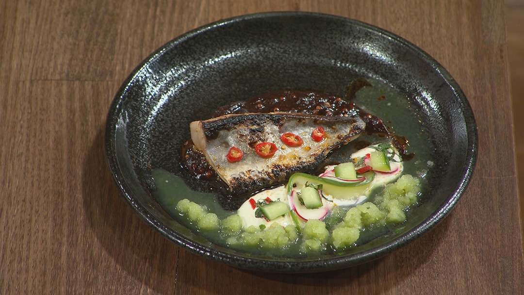 Charred Bonito with Spicy Tamarind Sauce and Cucumber Granita