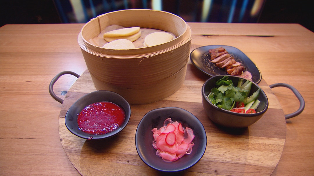 Duck Bao Buns with Pickled Vegetables and Plum Sauce