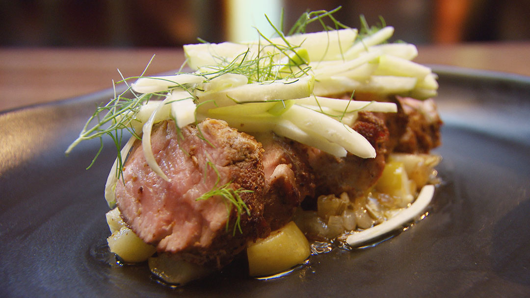 Pork Tenderloin with Apple Compote, Apple & Fennel Slaw, Apple Jus