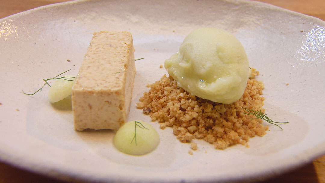 Apple Sorbet with Caramelised Apple Parfait, Walnut Crumb