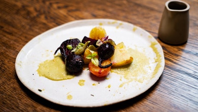 Roast Beetroot and Potato, Roast Capsicum Sauce, Green Herb Sauce