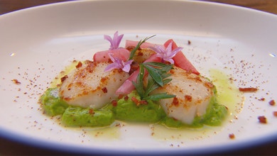 Pan Seared Scallops with Pickles, Pea Purée