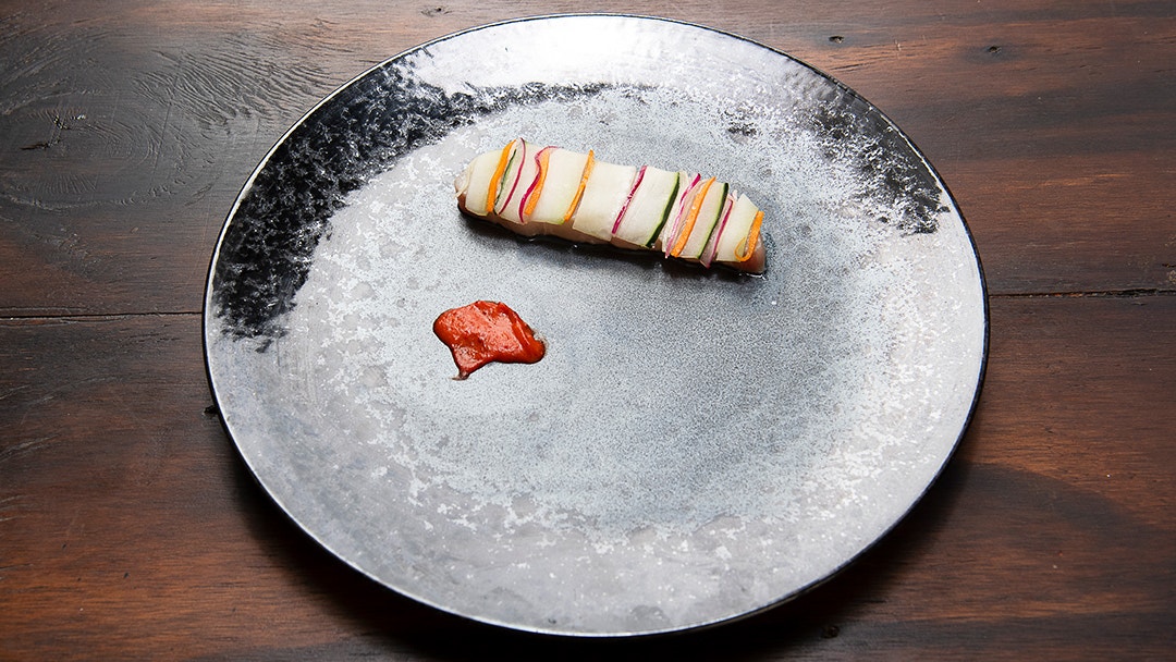 Kingfish Ceviche with Pickled Rainbow Vegetables, Angry Chilli Jam