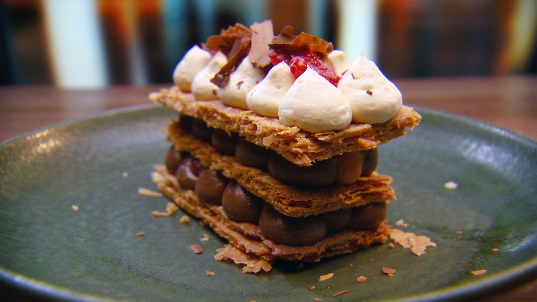 Mille-Feuille with Chilli Chocolate, Orange, Raspberries