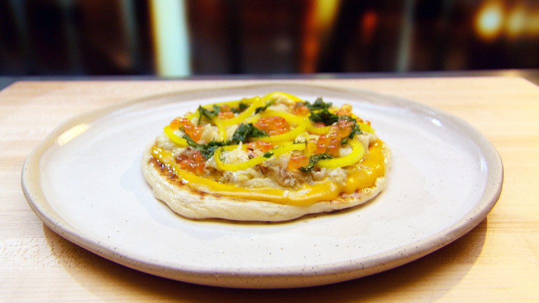 Crab Flatbread with Pickled Onions and Hot Sauce