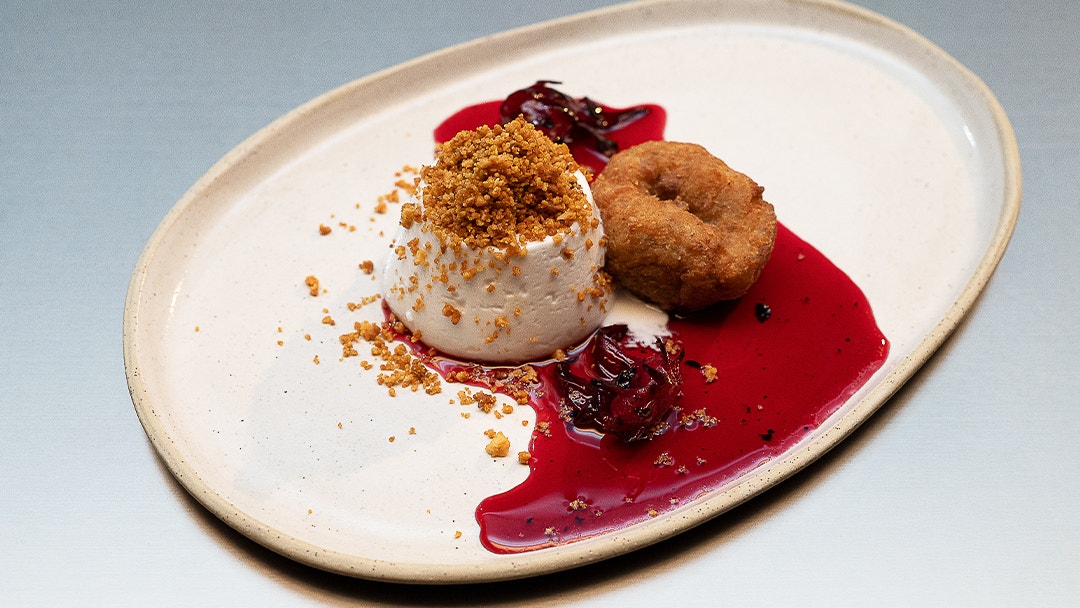 Banana Pakalolo with Coconut Panna Cotta and Hibiscus Syrup