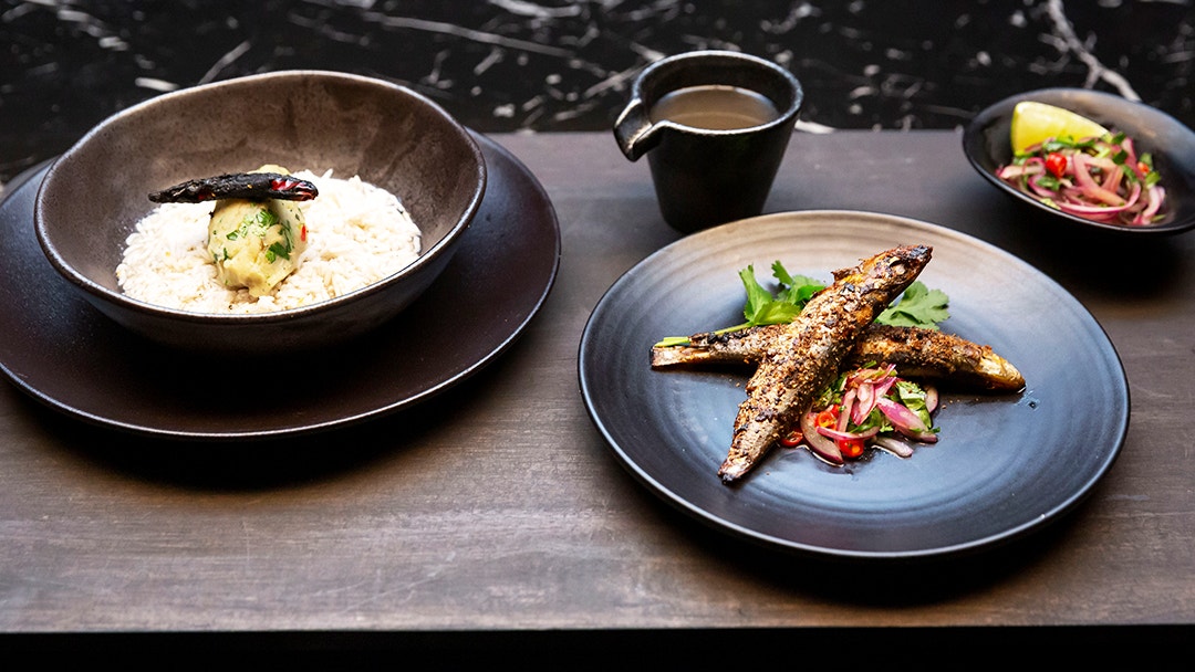 Smoked Rice Water with Aloo Bhorta and Sardines