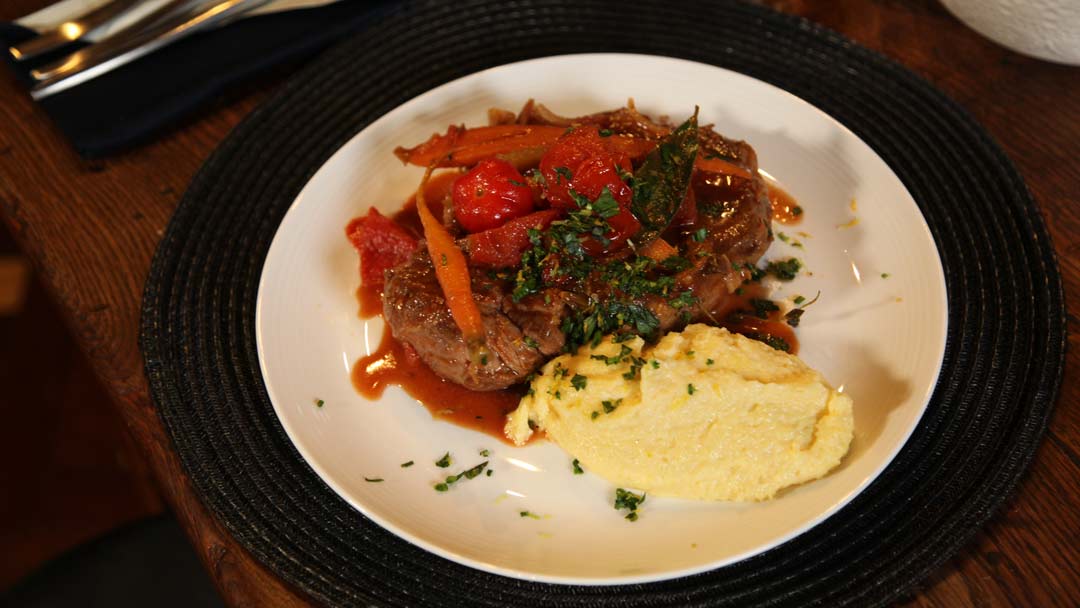 Tomato and Thyme Braised Osso Buco with Creamy Parmesan Polenta