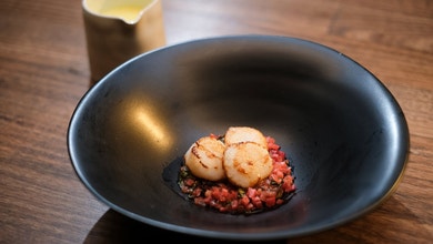 Pan Seared Scallops with Sweet and Sour Beetroot, Creamy Veloute