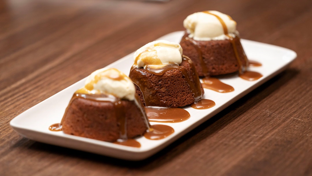 Sticky Toffee Pudding with Caramel Sauce, Vanilla Ice Cream