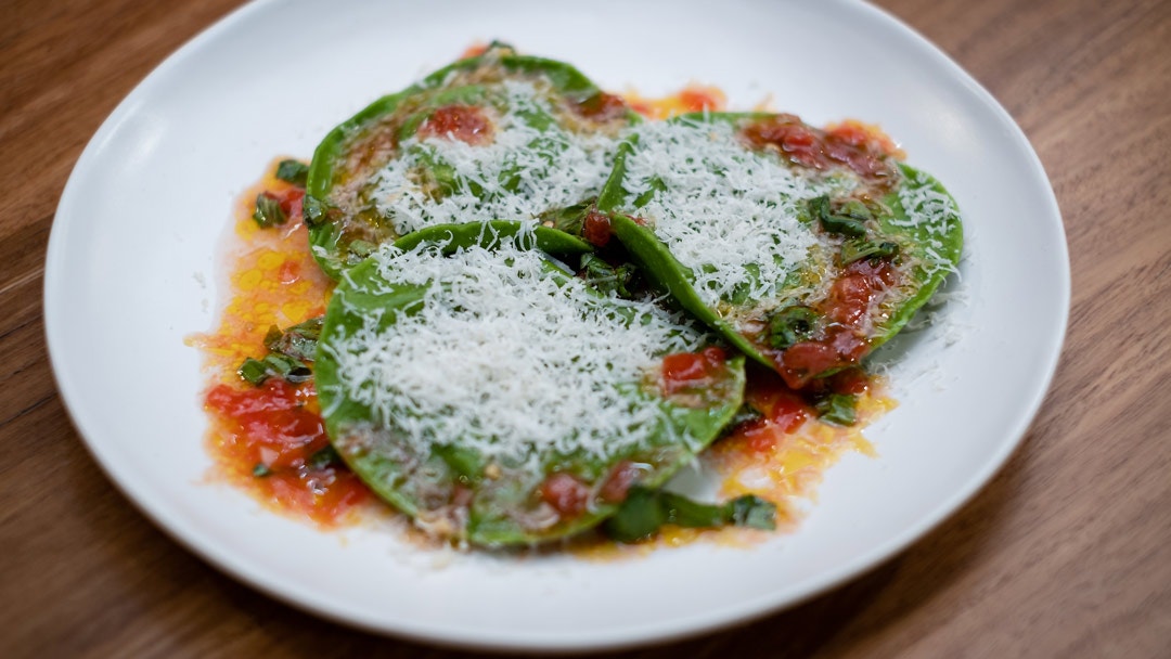 Egg and Spinach Ravioli with Herb Filling and Tomato Concasse