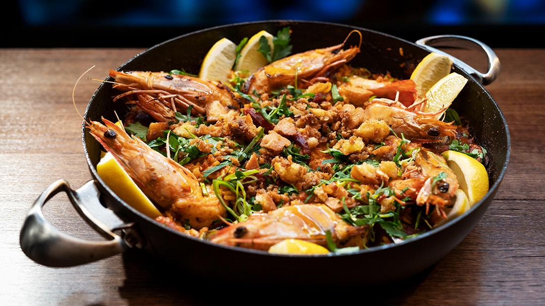 Prawn And Chorizo Paella with Anchovy Crumb