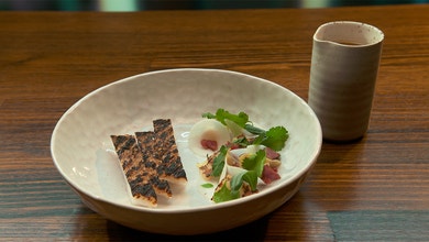 Ham and Pineapple Broth with Grilled Coral Trout